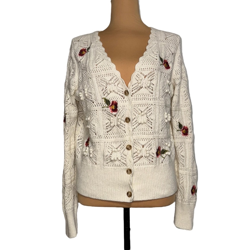 Sundance Cream Crochet Knit Cardigan Sweater Floral Embroidered Womens PL - Picture 3 of 8